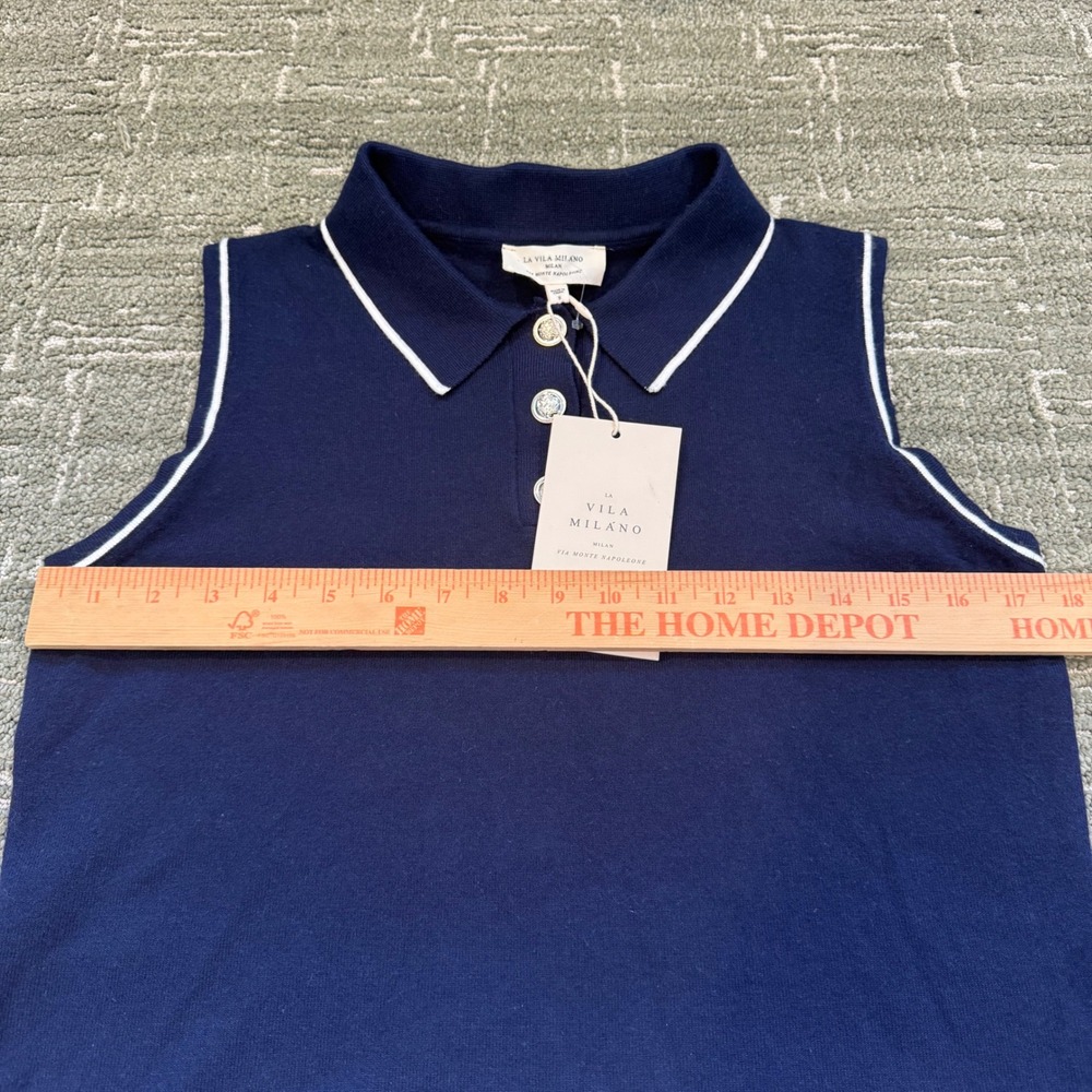La Vila Milano Womens Navy Blue Knit Sleeveless Polo Top Silver Crest Buttons S - Picture 4 of 4